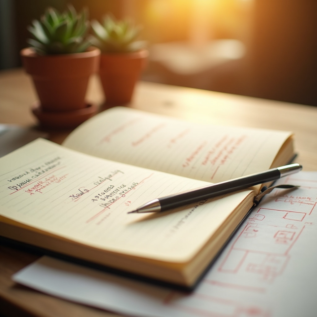 Detailaufnahme eines Arbeitsplatzes mit Unterlagen und Notizbuch